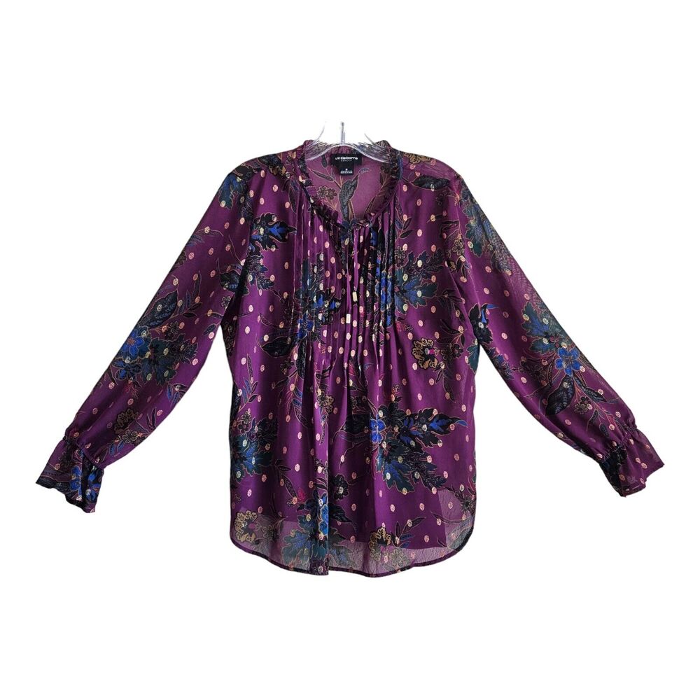 LIZ CLAIBORNE Career M Blouse Purple Gold Pintuck Pleats Semi Sheer w/ Camisole